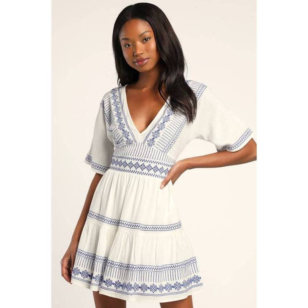 Lulus Gone To Greece White Embroidered Short Sleeve V-neck Mini Dress - Size XS